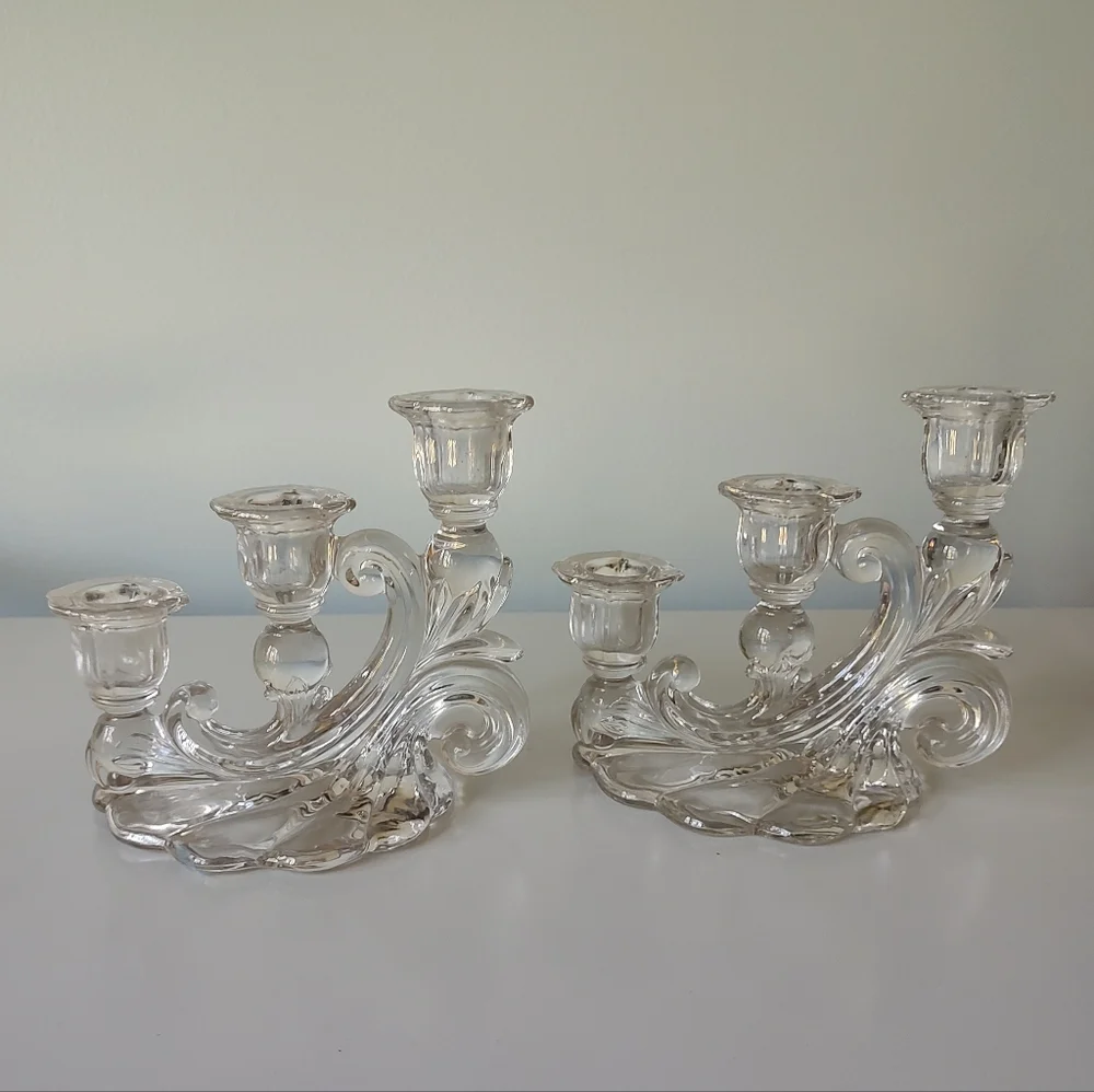 Vintage Cambridge Glass Caprice Three Light Candlestick Pair Chrystal Clear